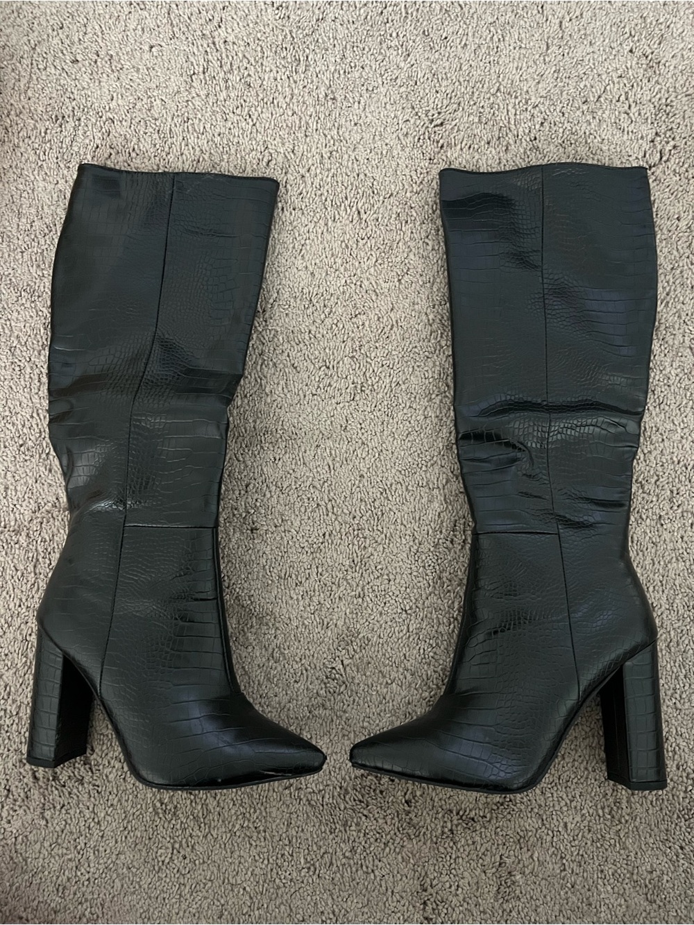 Billini Black Croc-Embossed Knee-High Block Heel Boots
